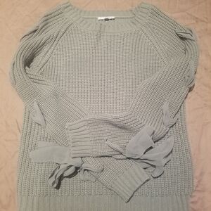 Iris Knit Gray-Green Sweater. Size S. Extra Long Sleeves w/ Sheer Accented Arms